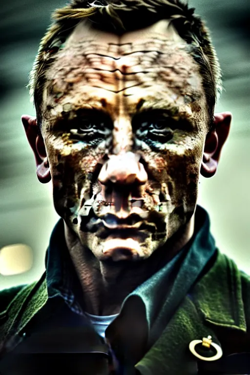 Prompt: cinematic shot of an epic portrait of daniel craig dressed in military clothes, stylised military clothes, shiny skin, beautiful eyes, beautiful, small details, night setting, realistic poster with volumetric light from craig mallism, artgerm, jeremy lipkin and michael garmash, unreal engine, radiant light, digital art, trends at art station, a masterpiece