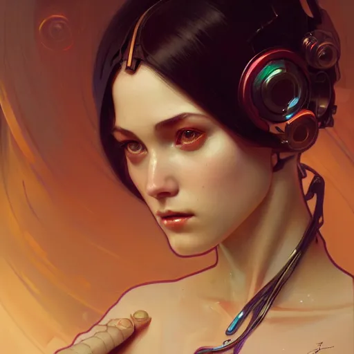 Image similar to portrait of beautiful girl with robot body by artgerm and greg rutkowski and alphonse mucha, close up, portrait, cinematic, elegant, artstation, intricate, highly detailed, digital painting, artstation, concept art, sharp focus, illustration, cyberpunk, cgsociety, 8 k