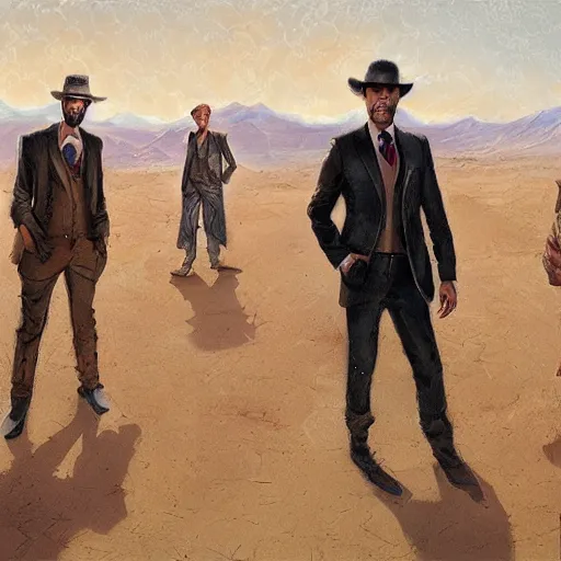 Image similar to dapper men in a desert, by jon foster