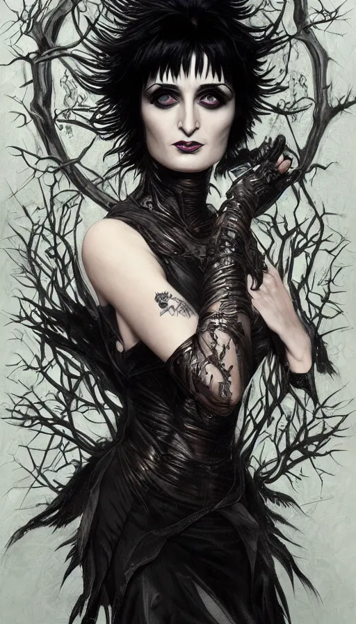 Image similar to portrait of siouxsie sioux, dark and ethereal, expressive pose, peaceful expression, dark gothic dress, fantasy, intricate, dark forest background, highly detailed, digital painting, artstation, concept art, smooth, sharp focus, illustration, art by artgerm and greg rutkowski and alphonse mucha