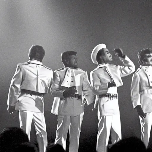 Prompt: still from a 1 9 6 0 s concert film, a group of 4 men dressed in peppermint themed sailor outfits play a rock concert, moody lighting, viewed from afar, cinematic shot