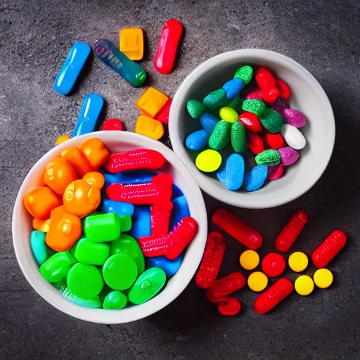 Image similar to Bowl containing a mixture of colorful, dangerous pills and harmless candies. Can you guess which is which?