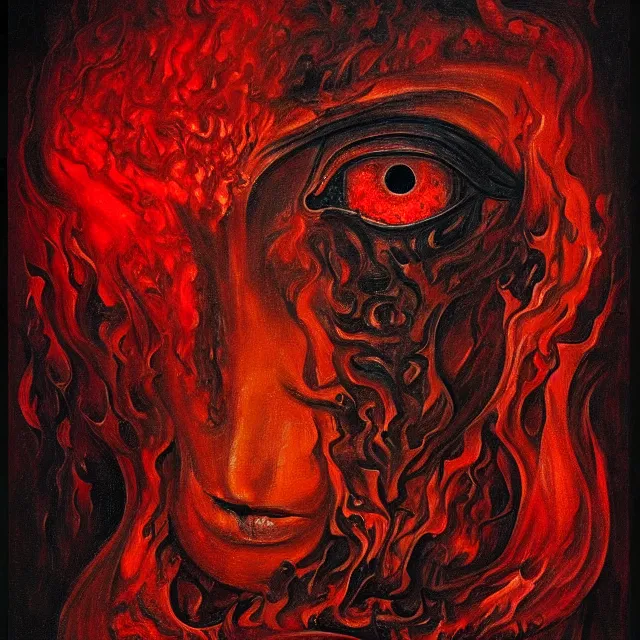 Prompt: alexandr abdulov, hell, pain, gate, cry, red eyes