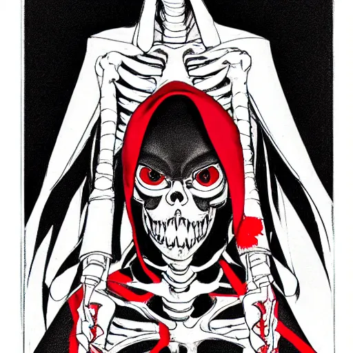 Prompt: A anime still of a grim reaper by Takeshi Obata, skeleton face symmetrical face,symmetrical body, worn clothes, military boots,colors red and black and white, pencil art on paper