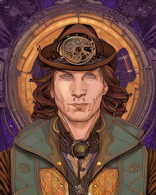 Image similar to a detailed portrait illustration of a steampunk tech - sorcerer. handsome male face, ginger. art nouveau, pop art, comic book style. influenced by neil gaiman, h. p. lovecraft, dan mumford, brian froud, heade, killian eng, ross tran.