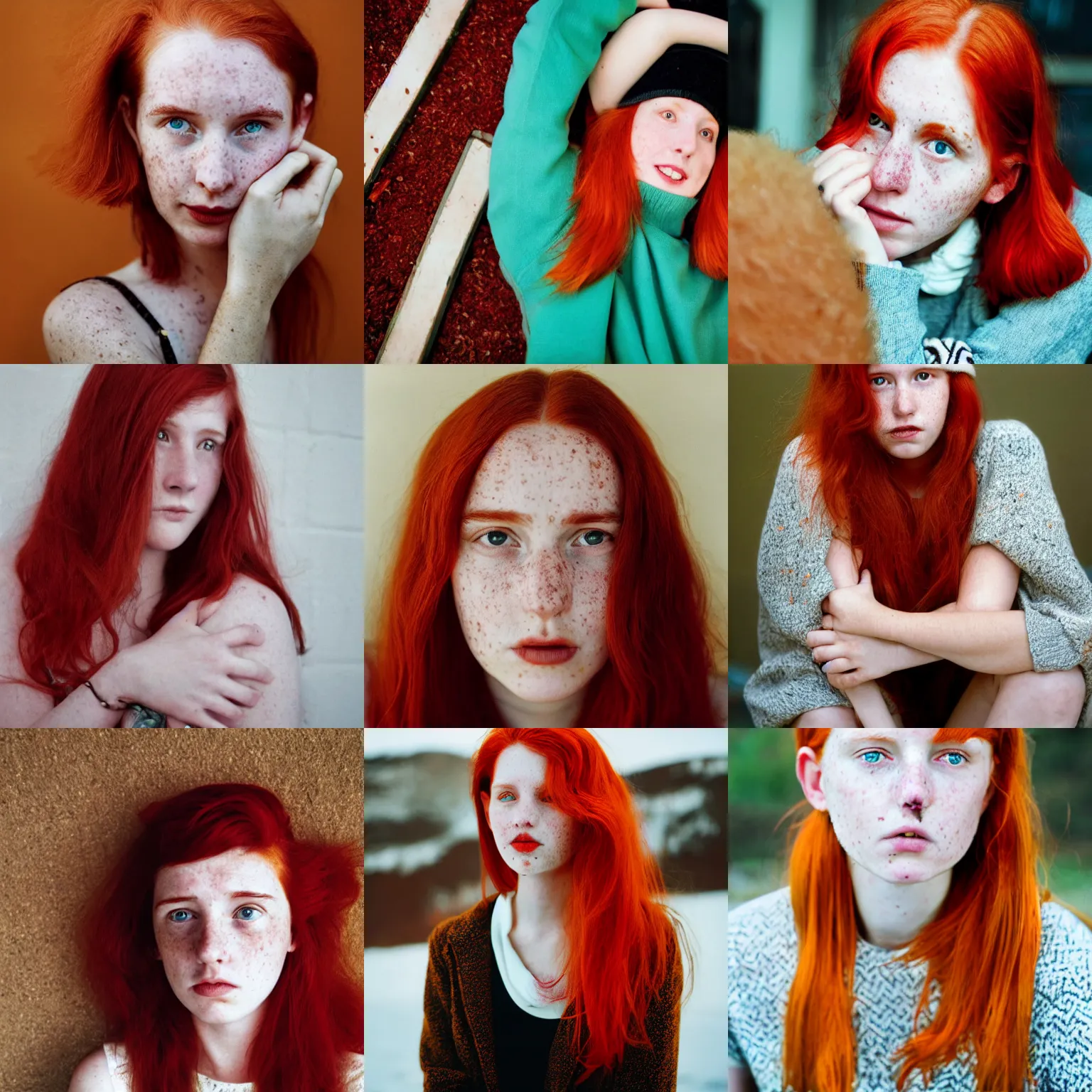 Prompt: photograph of a twenty year old woman by wes anderson, red hair, freckles