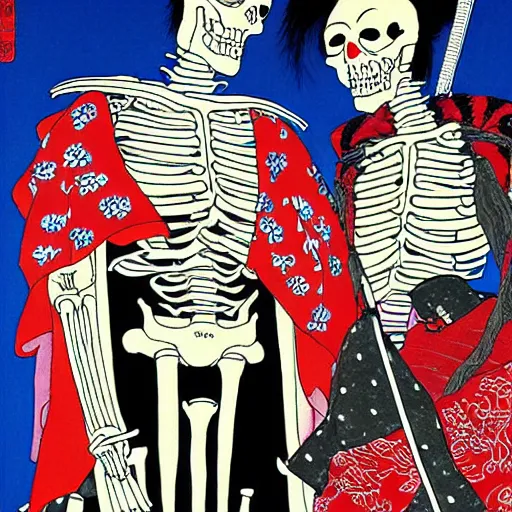 Prompt: portrait of a skeleton samurai and his beautiful Japanese wife by Toshio Saeki, high detailed