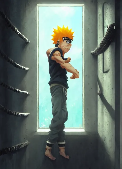 Image similar to highly detailed prison cell with naruto uzumaki with black hair, metal bars in window, powerfully hitting a wall, art by greg rutkowski, loish, rhads, ferdinand knab, makoto shinkai and lois van baarle, ilya kuvshinov, rossdraws, tom bagshaw, global illumination, radiant light, detailed and intricate environment