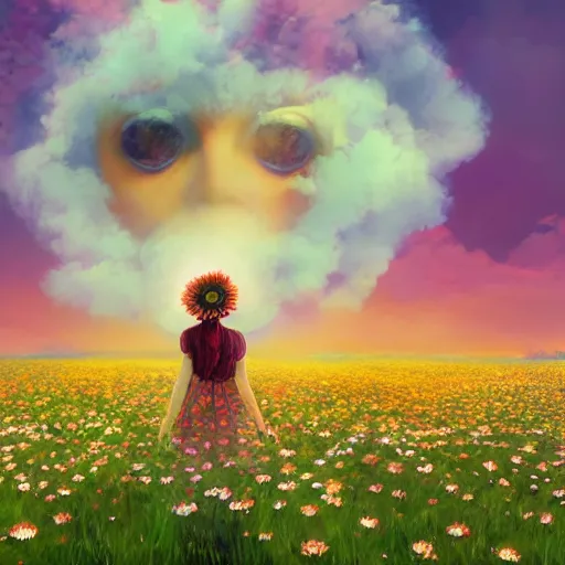 Image similar to giant daisy flower as face, full body, girl walking in a flower field, surreal photography, sunrise dramatic light, impressionist painting, colorful clouds, digital painting, artstation, simon stalenhag, flower face