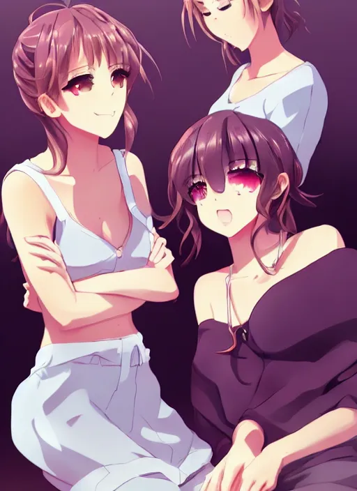 Image similar to two beautiful mothers sitting across from each other, summer clothes, gorgeous faces, thick lines, cinematic lighting, detailed anime art