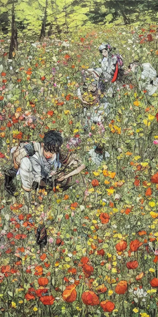 Image similar to oil painting scene from flower fields in the forest by kim jung gi