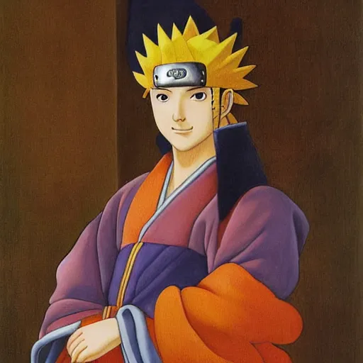 Prompt: a royal painting of Naruto wearing a crown, baroque, painting from Louvre, oil painting