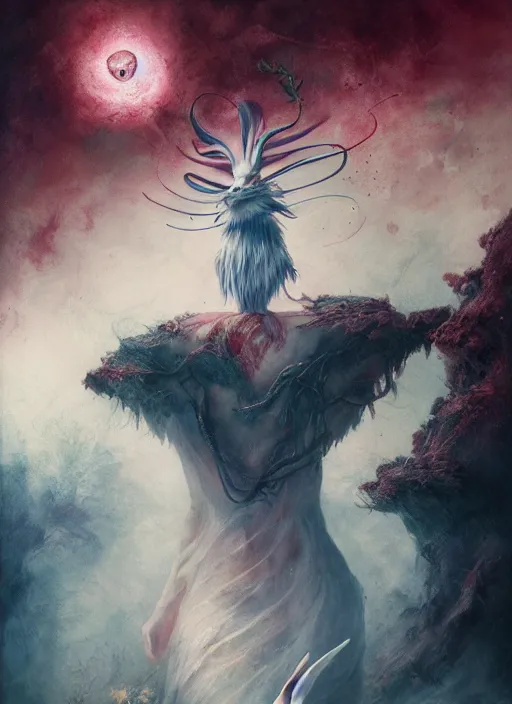 Prompt: white rabbit the magician tarot card, highly detailed, cinematic, 8 k, by megan duncanson, stanley artgermm, tom bagshaw, greg rutkowski, carne griffiths, ayami kojima, beksinski, giger, trending on deviantart, hyper detailed, horror, full of colour