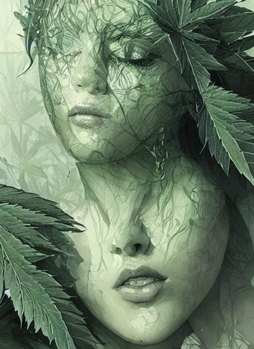 Prompt: Beautiful Female creature made of pot leaves, marijuana, watercolor, dramatic lighting, cinematic, establishing shot, extremely high detail, foto realistic, cinematic lighting, pen and ink, intricate line drawings, by Yoshitaka Amano, Ruan Jia, Kentaro Miura, Artgerm, post processed, concept art, artstation,