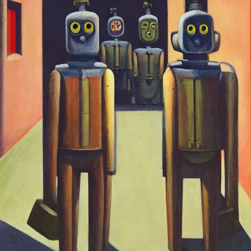 Prompt: drab workers wearing masks walking along cloisters, brutalist courtyard, watched by robots, dystopian, pj crook, edward hopper, oil on canvas