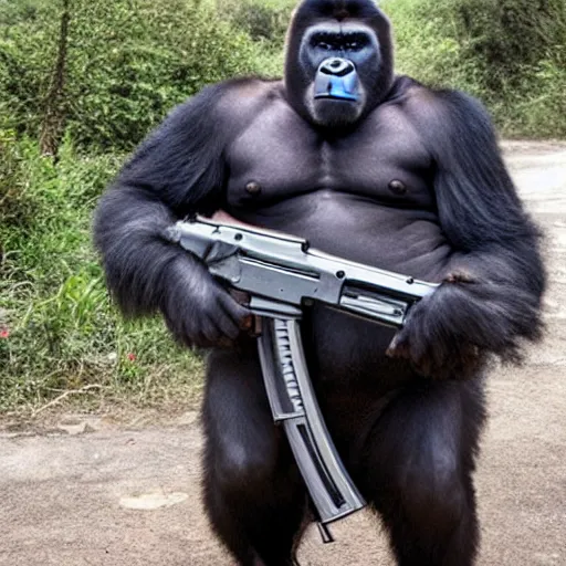 Prompt: silverback gorilla holding an AK-47