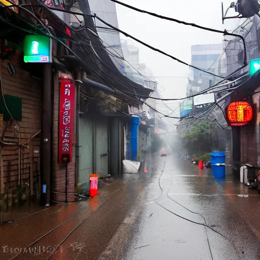 Image similar to rain - soaked alley with messy overhead cables in yongsan district, seoul, south korea