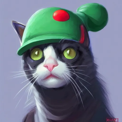 Prompt: Portrait of a Cat wearing a Mario hat, kawaii aesthetic, nintendo, highly detailed, digital painting, artstation, concept art, smooth, sharp focus, illustration, art by artgerm and greg rutkowski and alphonse mucha