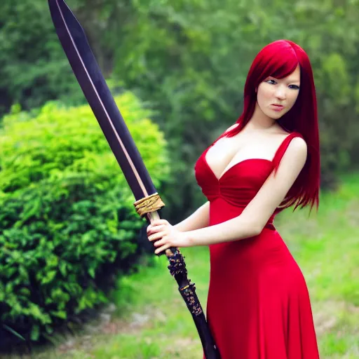 Image similar to dslr photo of beautiful erza scarlet wearing a elegant dress, with real looking skin, standing holding a katana that is very detailed, portrait photo, real photo, real camera, extreme detailed face and body, high quality, moody lighting, fast paced lines, sharp quality, enchanting lighting, 8 k