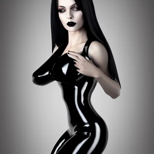 Image similar to curvy feminine pale goth woman with elegant tight black-silver nylon and latex outfit, cgsociety, realistic, highly detailed, sublime, 16k, smooth, sharp focus, trending on ArtStation, hyperdetailed, volumetric lighting