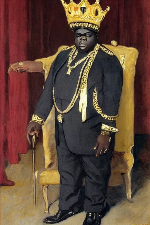 Image similar to portrait of biggie smalls with kings crown and royal outfit, modern, european, eclectic, illustration, by ramon casas