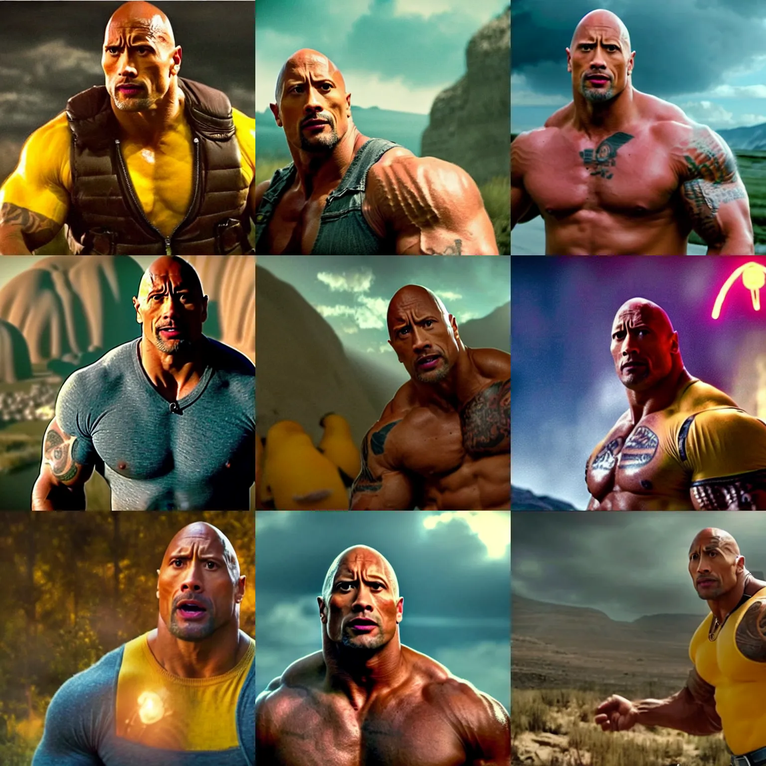 Prompt: dwayne johnson as a minion, cinematic establishing shot, magical colours and atmosphere, perfect coherent composition