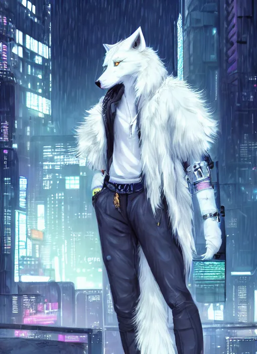 Prompt: character portrait of a male anthro white wolf fursona with a tail and a cute beautiful attractive furry face wearing stylish cyberpunk clothes in a cyberpunk city at night while it rains. hidari, color page, tankoban, 4K, tone mapping, Akihiko Yoshida.