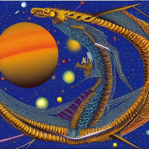 Prompt: composed by howard arkley, by beeple, by jean auguste dominique ingres. a body art of a dragon in space. the dragon is in the foreground with its mouth open rows of sharp teeth. coiled & ready to strike, its tail is wrapped around a star in the background. background is full of stars & galaxies.