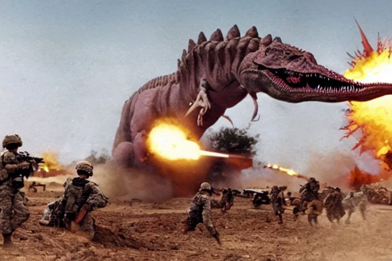 Prompt: the us military attacking an enormous dinosaur, dramatic angle