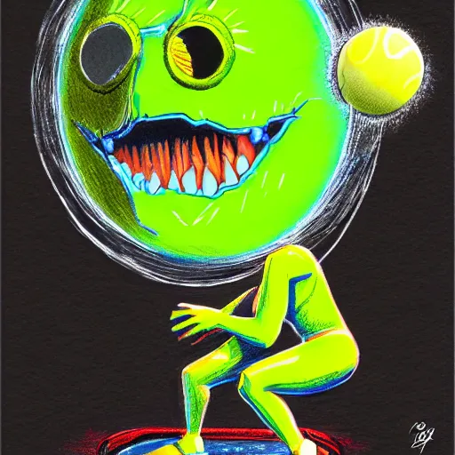 Image similar to a tennis ball monster, tennis ball, lightning, chalk, digital art, fantasy, magic, trending on artstation, ultra detailed, professional illustration by Basil Gogos