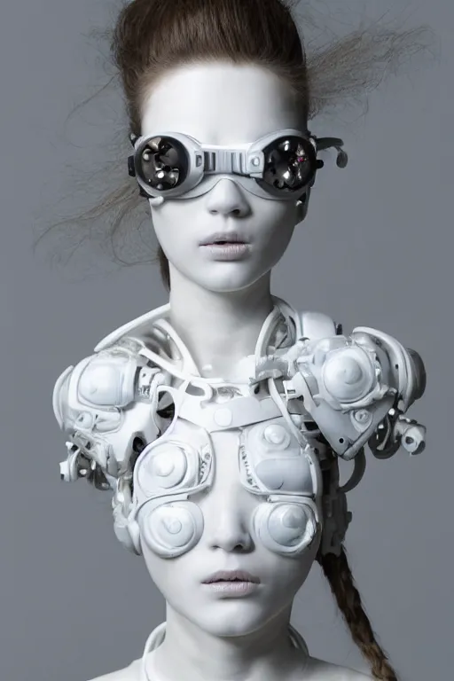 Image similar to full head and shoulders, beautiful female porcelain sculpture with lots of white 3 d cyborg elements, prosthetics, 3 d goggles, smooth, all white features on a white background, delicate facial features, white eyes, white lashes, detailed white, anatomical, transparency by daniel arsham and james jean