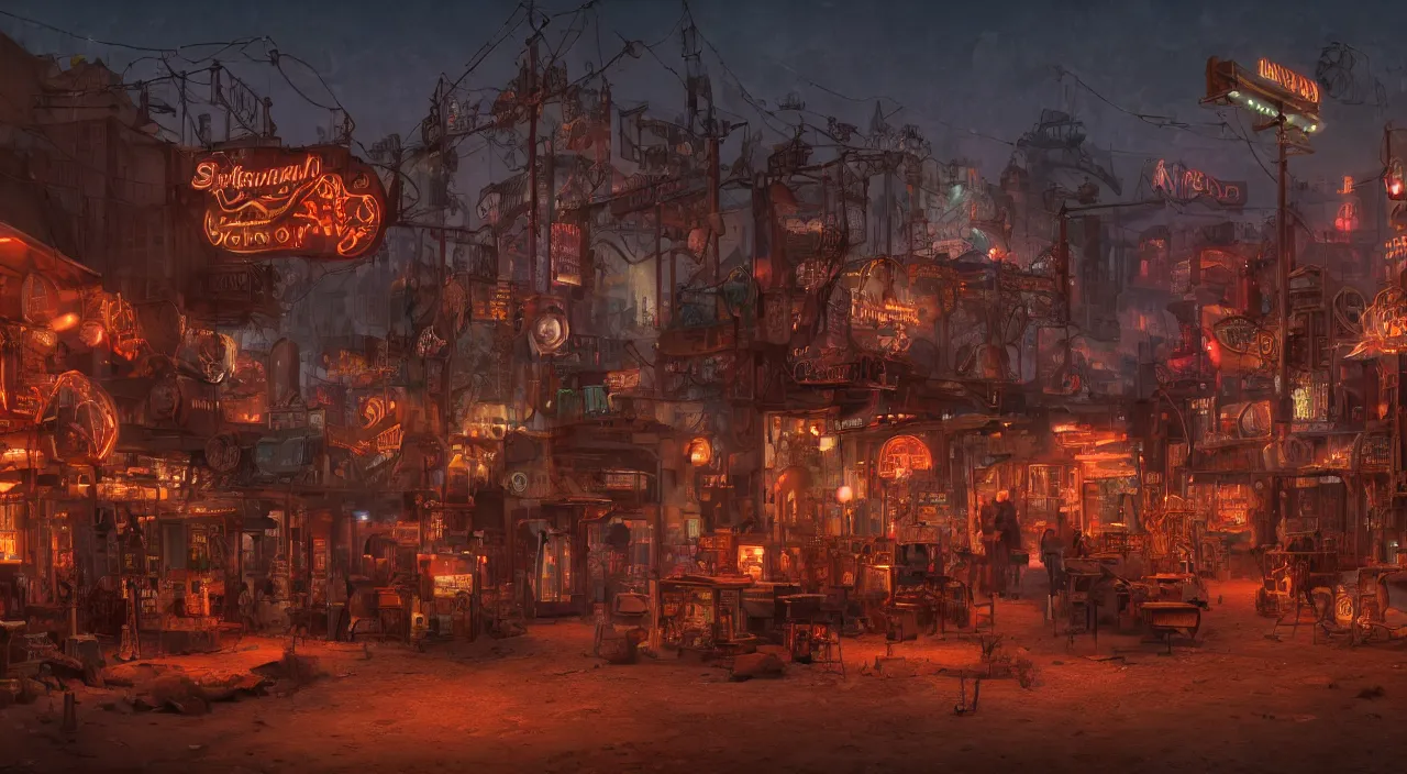 Image similar to a steampunk village in the desert at dawn, junk everywhere, neon lights, neon signs, magical atmosphere, mist, steam, photo realistic, 35mm, Matte painting, octane render, 8k, corona render, movie concept art by albert kiefer