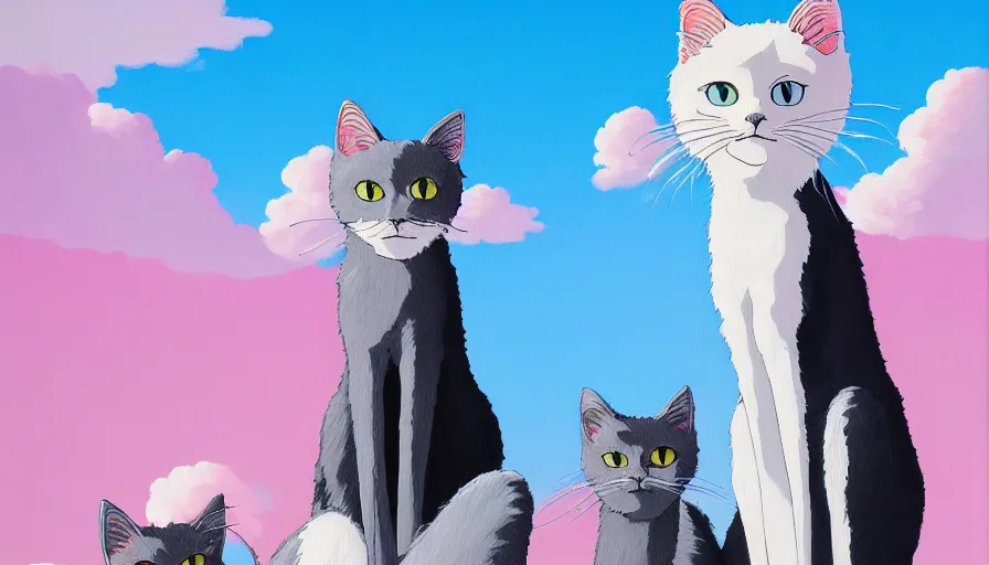 Image similar to highly detailed contemporary acrylic painting of really tall sitting cats by studio ghibli, thick brush strokes and visible paint layers, glistening clouds in background, light blue black, white and pink vivid pastel color scheme