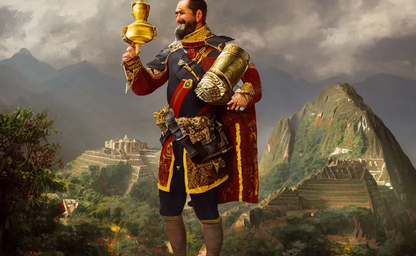 Image similar to smiling spanish conquer soldier francisco pizarro holding golden cup on a inca temple, wide view, high detailed, full perfect, symmetrical portrait, high detail, by craig mullins, peter mohrbacher, unreal engine, octane rendered, 8 k, dark beauty, trending on artstation