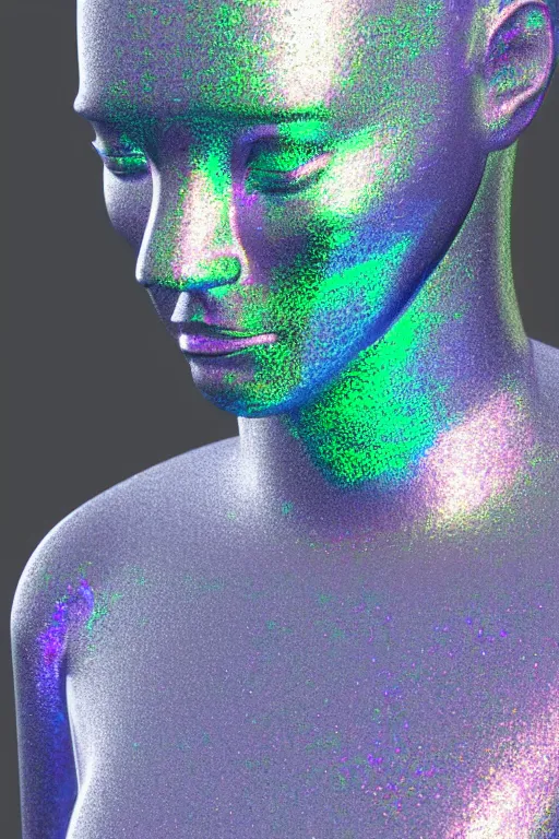 Image similar to 3d render of holographic human robotic bust made of glossy iridescent, bust, surrealistic 3d illustration of a human non-binary, non binary model, 3d model human, cryengine, made of holographic texture, holographic material, holographic rainbow, concept of cyborg and artificial intelligence