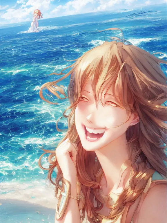 Image similar to A portrait of a smiling anime woman on the beach near the ocean, by Stanley Artgerm Lau, WLOP, Rossdraws, James Jean, Andrei Riabovitchev, Marc Simonetti, and Sakimi chan, anime portrait, official anime artwork