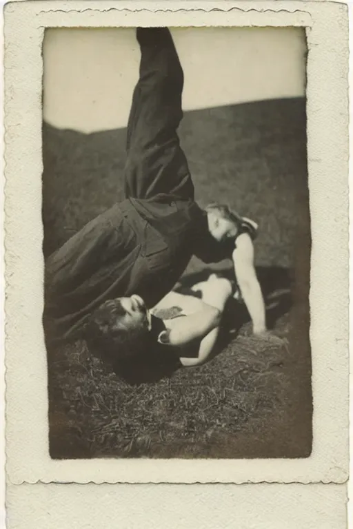 Image similar to man falling apart while a woman tries to hold the fallen parts, 1 9 1 0 polaroid photo