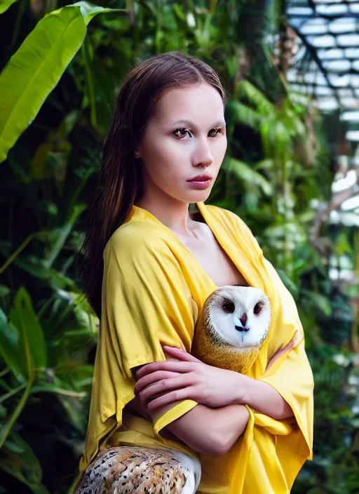 Prompt: portrait photograph of beautiful young female model, symmetric face, symmetric eyes, slight smile, natural light, wearing a yellow kimono with a very detailed barn owl on her shoulder!!! in a tropical greenhouse. looking at the camera!!. super resolution. Extremely detailed. Graflex camera, bokeh.