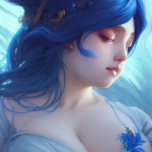 Image similar to anime girl, curvy body, flat chest, blue hair, watery eyes, D&D, fantasy, intricate, elegant, highly detailed, digital painting, artstation, concept art, smooth, sharp focus, illustration, art by artgerm and greg rutkowski and alphonse mucha