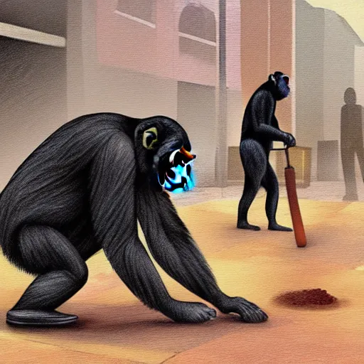 Prompt: a chimpanzee picking up pennies in a street with a large steamroller in the background, dramatic lighting, highly detailed digital painting