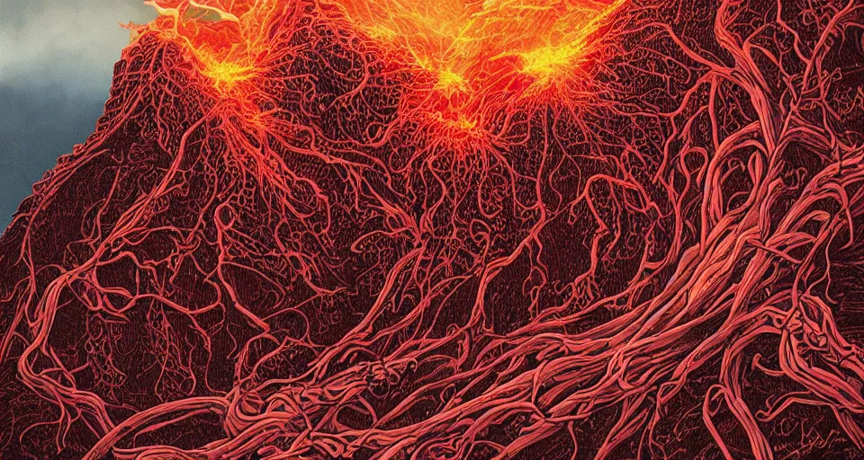 Image similar to a volcano made of ivory vines and crimson rocks enters in eruption, it spits a smoke in the shape of demonic eye, by dan Mumford