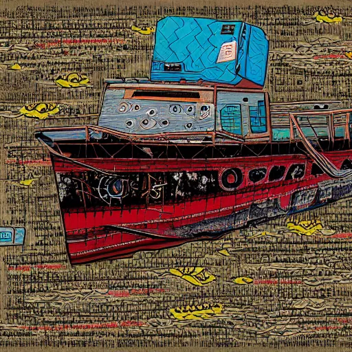 Image similar to an abandoned ship in the aral sea, in the style of daniel johnston and outsider art, 8 k, line brush, overlaid with chinese adverts