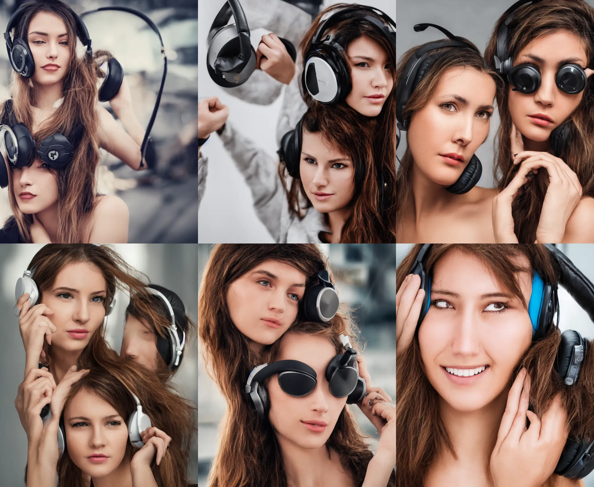 Prompt: closeup portrait photo of attractive woman wearing a headphone that is styled from sennheiser + audeze + lamborghini + ferrari, hdr, telephot lens, off camera flash