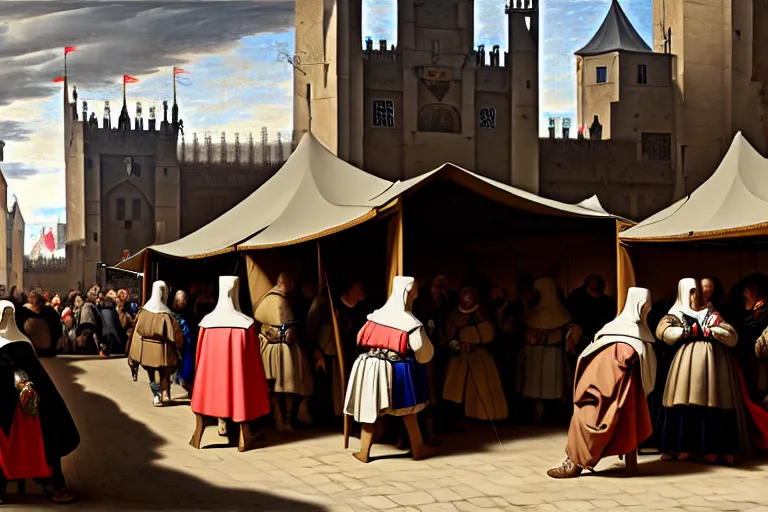 Prompt: A tent of a medieval market on detail selling mobile phones!!!!!! Some people walking around, close-up, trending on artstation, hyper detailed, sharp, baroque painting, painted by Velazquez