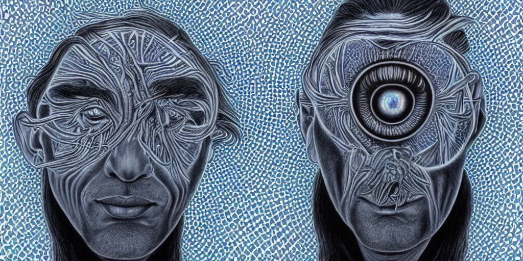 Image similar to a surreal man with his third eye opening by alex grey