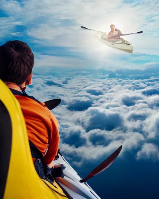 Image similar to realistic portrait of a blonde guy in a kayak over the clouds in the sky