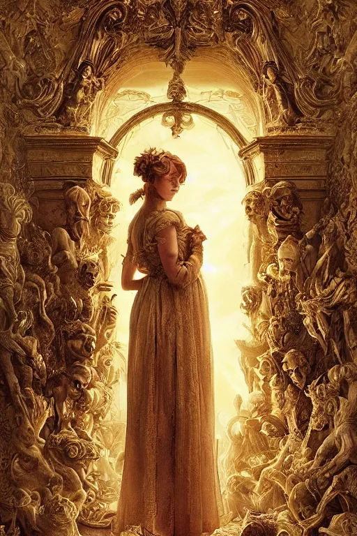 Image similar to the dweller on the threshold dramatic, elaborate emotive Baroque and Rococo styles to emphasize beauty as a transcendental, 8k image, ultra-realistic