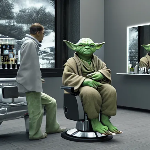 Image similar to yoda at the barbershop, highly detailed, unreal render, 4k hdr