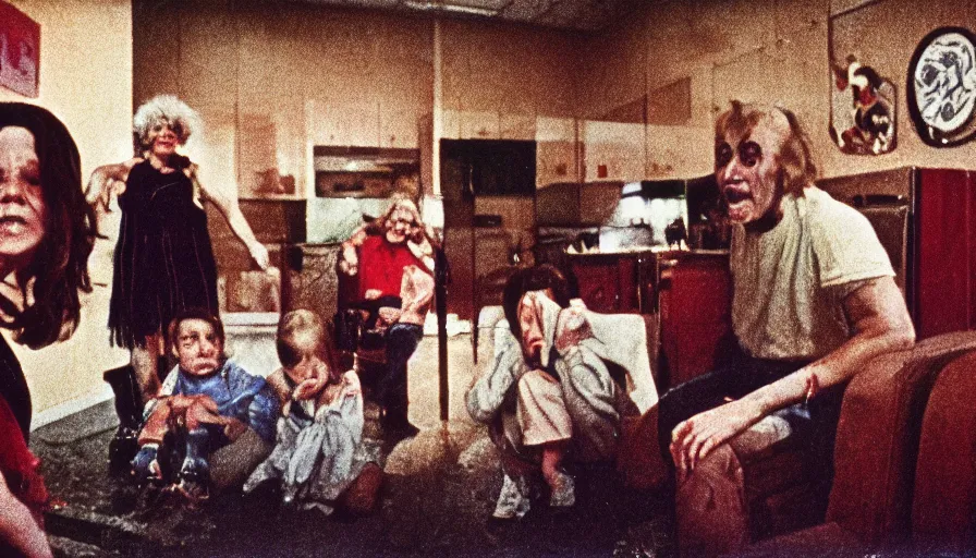 Image similar to 7 0 s film still from a horror movie about angry toddlers and depressed elderly people, kodachrome, cinecolor, cinestill, film grain, film texture, retro, cinematic, high resolution, photorealism,