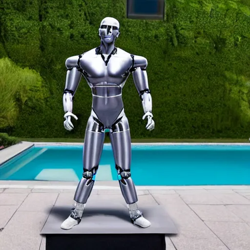 Image similar to a realistic detailed photo of a guy who is an attractive humanoid who is half robot and half humanoid, who is a male android, wrestler daton fix, shiny skin, posing like a statue, blank stare, by the pool, on display, showing off his muscles, humanoid robot, frozen ice statue